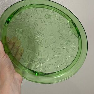 Vintage Jeannette Uranium Glass Footed Cake Plate Sunflower Pattern